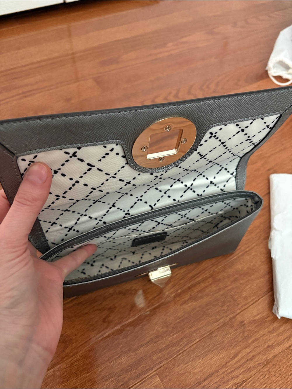 kate spade Metallic Pewter Turn-Lock Saffiano Clutch - Picture 5 of 13